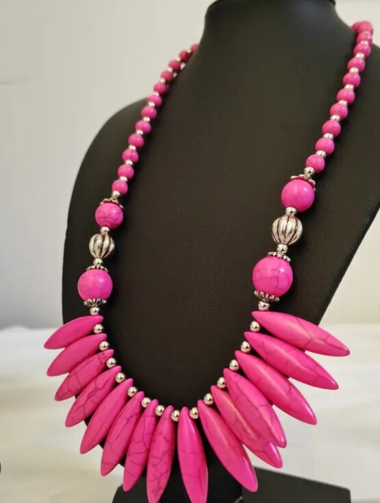 Brae Jewelry - Necklace Pink Malachite Natural Stone Bohemian Style Silvery Tribal Boho Jewelry